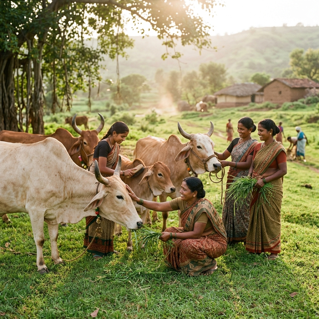 Rural Indian women caring for Desi cows in green pasture